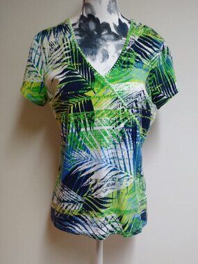 Ruby Rd Tropical Print Embellished Cotton T-Shirt, size S